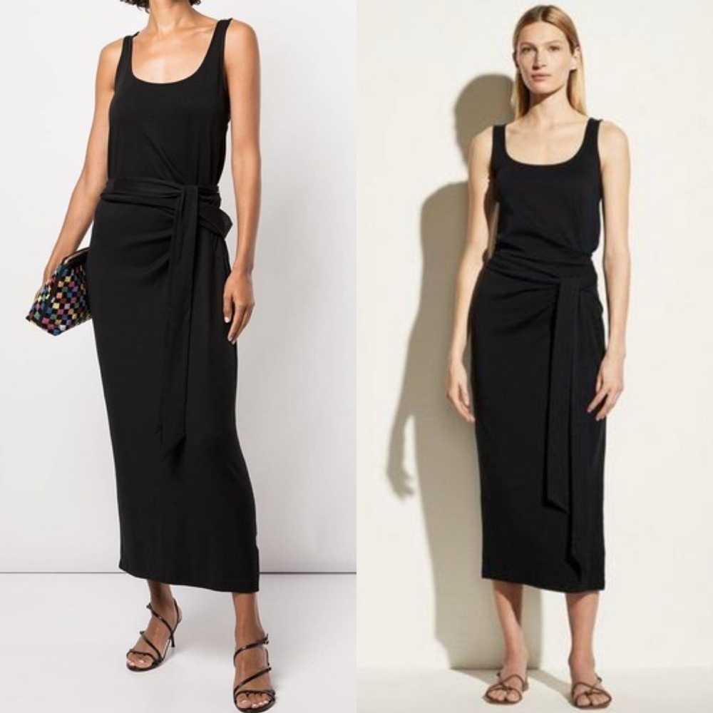 New Vince Women's Black Pima Cotton Tie-waist Sleeveless Wrap Midi Dress Size XS
